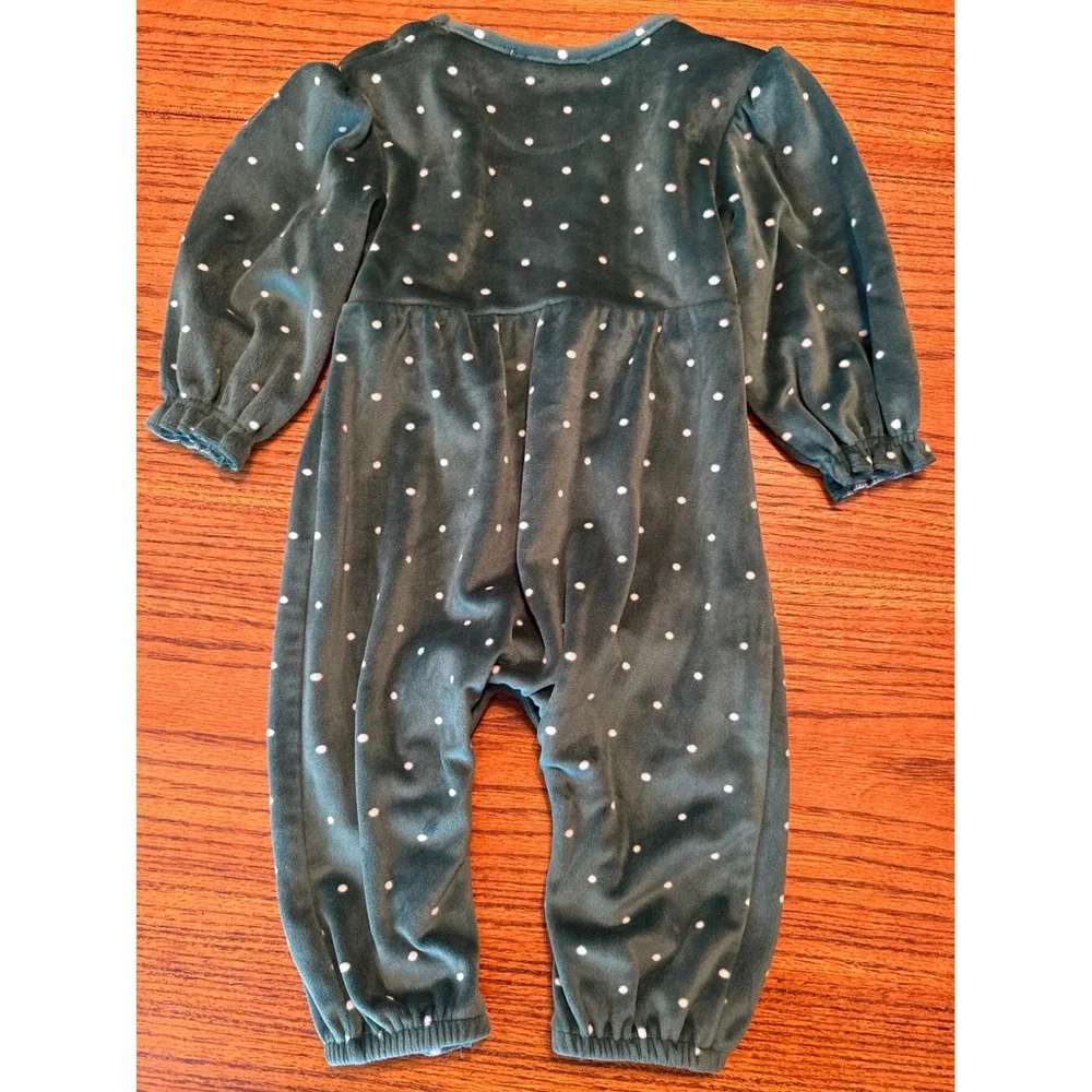 Jessica Simpson Baby Romper Velour Smocked‎ Green Polka Dot 3-6M